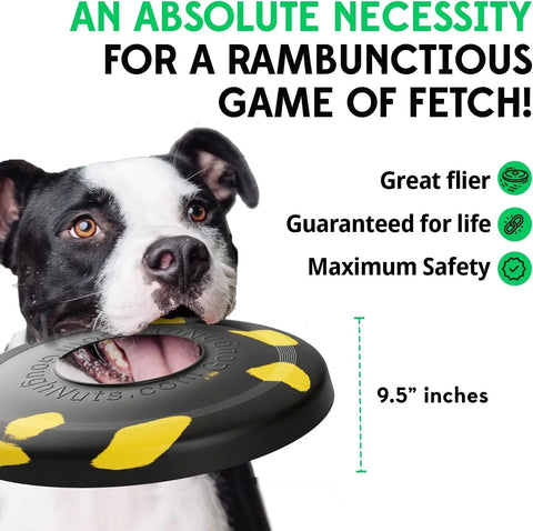 A black and white dog holds a Goughnuts Flynut, a black and yellow fetch frisbee, in its mouth. Text highlights: great flier, guaranteed for life, maximum safety, and 9.5 size—perfect for medium dogs.