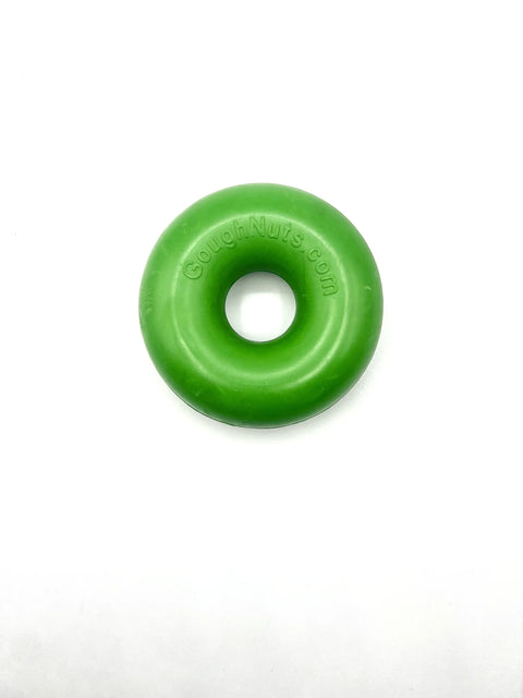A green Goughnuts Green Rings dog toy made from natural rubber, embossed with GoughNuts.com, sits centered on a white background.