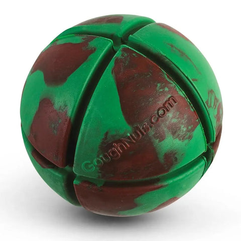 The Goughnuts Interactive Green Ball is a durable green and brown rubber dog ball with segmented sections, perfect for playful pups who love interactive toys.