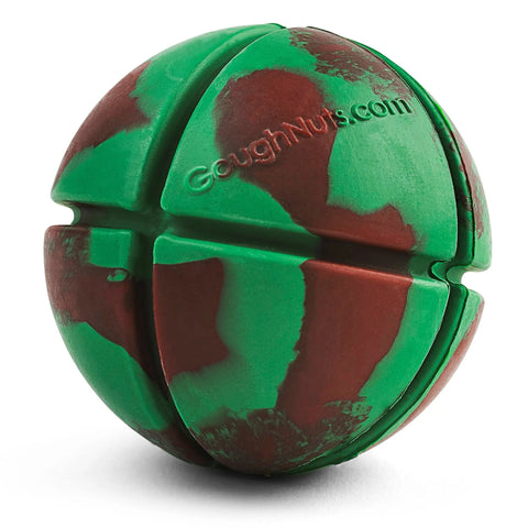 The Goughnuts Interactive Green Ball is a durable green and brown rubber dog toy with deep grooves and GoughNuts.com embossed, perfect for interactive play sessions.