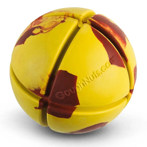 The Goughnuts Interactive Yellow Ball features maroon patches, deep grooves, and embossed GoughNuts.com branding—reflecting the toughness found in all our durable dog toys, backed by the Goughnuts Guarantee.