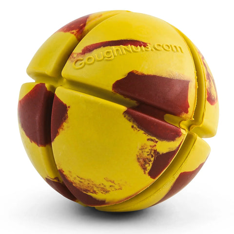 The Goughnuts Interactive Yellow Ball is a durable rubber dog toy in yellow and red, featuring deep grooves and GoughNuts.com embossed on it. Its part of the tough toy line and backed by the Goughnuts Guarantee program.