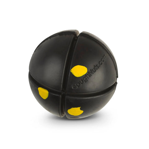The Goughnuts Interactive Black 50 - Toughest Ball is a durable, black rubber dog toy with yellow spots, deep grooves, and GoughNuts.com embossed on one side, shown on a white background—perfect for high-energy pets.