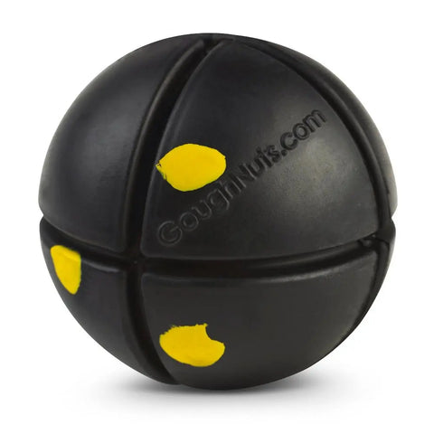 The Goughnuts Interactive Black 50 - Toughest Ball is a durable black rubber dog toy with four yellow spots and deep grooves, featuring Goughnuts.com embossed on its surface—ideal for interactive play.