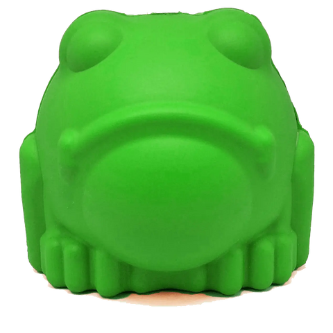 The SodaPup Bull Frog EDispenser is a large, green, frog-shaped durable rubber chew toy and treat dispenser for dogs, featuring a rounded body with prominent eyes and simple leg and mouth details.