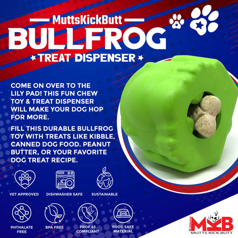 The SodaPup Bull Frog EDispenser Durable Rubber Chew Toy & Treat Dispenser - Large is a green bullfrog-shaped, durable, vet-approved, dishwasher-safe, sustainable toy for various treats.