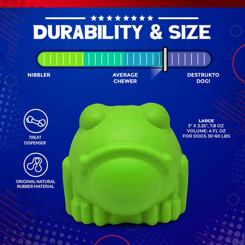 The SodaPup Bull Frog EDispenser Durable Rubber Chew Toy & Treat Dispenser - Large, made of natural rubber for dogs 30-60 lbs, is featured on a blue background. Its durability bar rates it near Destrukto Dog! and its treat dispenser feature is highlighted.