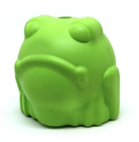The SodaPup Bull Frog EDispenser is a large, green, frog-shaped durable rubber chew toy and treat dispenser for dogs, featuring minimal facial features with two raised eyes and a downturned mouth against a white background.