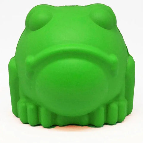 The SodaPup Bull Frog EDispenser is a large, green, frog-shaped durable rubber chew toy and treat dispenser for dogs, shown from the front with minimal details and a smooth, rounded surface against a white background.