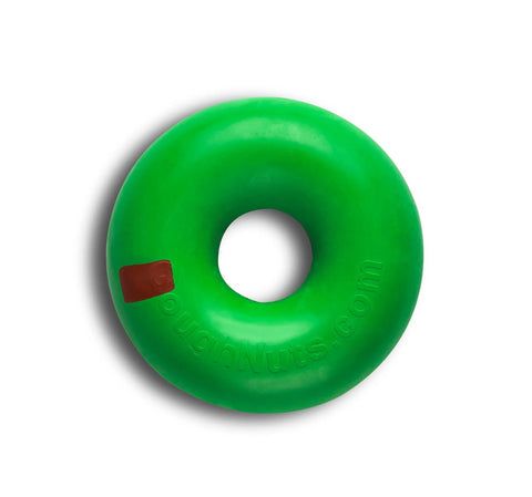A bright green Goughnuts Large Rings dog toy (for dogs 60-100 lbs), donut-shaped with a small red patch and GoughNuts.com embossed, is shown on a white background with a shadow.