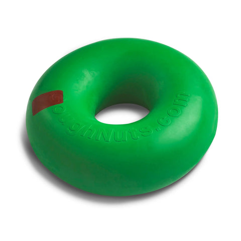 The Goughnuts Large Rings dog toy (for dogs 60-100 pounds) is green, donut-shaped, features GoughNuts.com embossed on it, and has a small red mark as a unique safety feature.