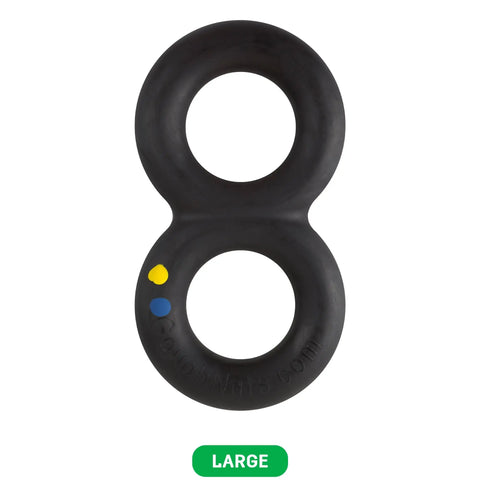 The Goughnuts Large Tug, designed for dogs 60+ pounds, is a black silicone figure-eight toy with yellow and blue dots and two differently sized loops—ideal for interactive play with large dogs. “LARGE” appears in a green rounded rectangle below the toy.