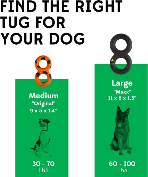Infographic showcasing two durable Goughnuts dog toys: Medium Original (orange, 9 x 5 x 1.4, for dogs 30–70 lbs) and Large Tug (for dogs 60+ lbs, black, 11 x 6 x 1.5), perfect for interactive play.