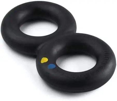 The Goughnuts Large Tug (For Dogs 60+ Pounds) features two black, donut-shaped hand grips in a figure-eight, ideal for interactive play with large dogs. One grip is accented with yellow and blue dots and made from durable rubber or silicone.