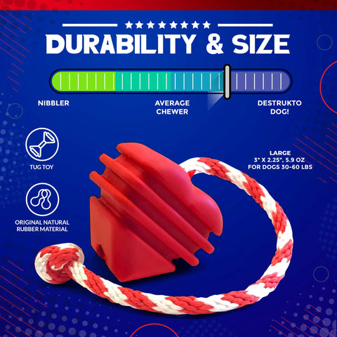SodaPup’s Large Rubber Heart on a String Toy features red and white rope, a tough, textured rubber heart with dental ridges, and is built for power chewers like the Destrukto Dog. Large size fits 50–60 lb dogs; great as a tug toy.