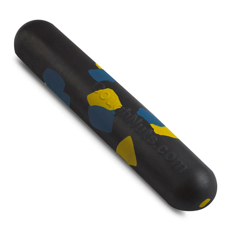 The Goughnuts Large Water Stick (For Dogs 60+ Pounds) is a durable, buoyant black dog toy with blue and yellow patches, shown at an angle on a white background.