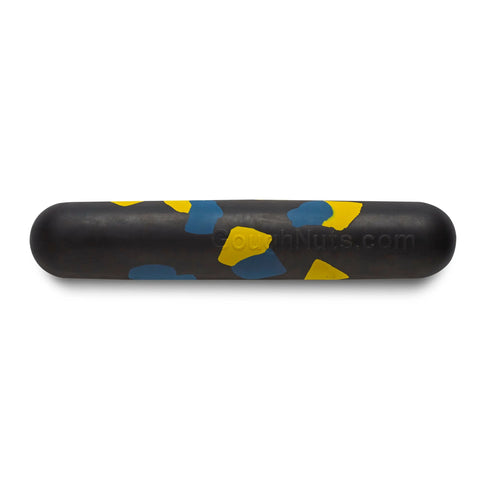 The Goughnuts Large Water Stick is a durable black cylindrical dog toy for dogs 60+ pounds, featuring blue and yellow patches.