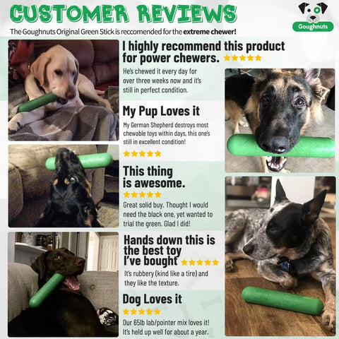 A collage of dogs (30–70 lbs) enjoying the Goughnuts Medium Stick, a USA-made indestructible toy. Glowing reviews, star ratings, and happy breed photos highlight its durability and fun for power chewers.