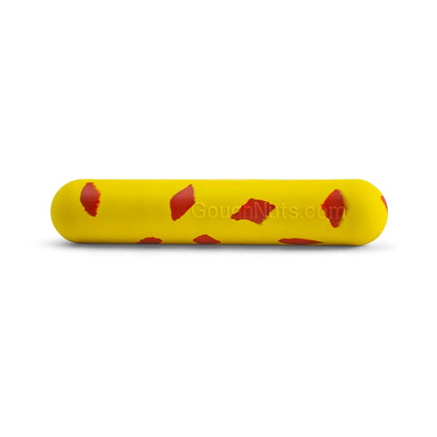 The Goughnuts Medium Stick is a yellow cylindrical dog toy with red patches, built for indestructibility and designed for medium breed dogs (30-70 lbs), shown on a white background.