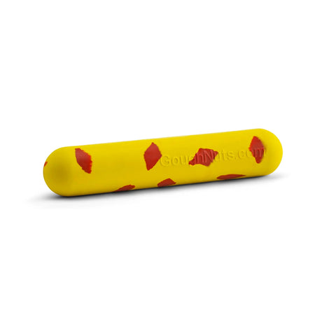 The Goughnuts Medium Stick (For Dogs 30-70 Pounds) is a yellow, sausage-shaped dog toy with red spots, designed to be virtually indestructible—ideal for medium breed dogs.