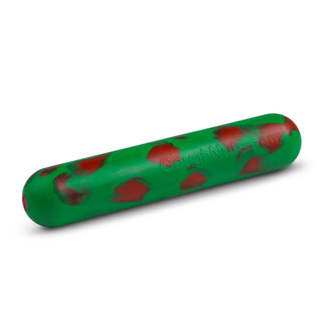 The Goughnuts Medium Stick is a green cylindrical, indestructible dog toy with red patches and GoughNuts.com embossed, ideal for dogs 30-70 pounds.