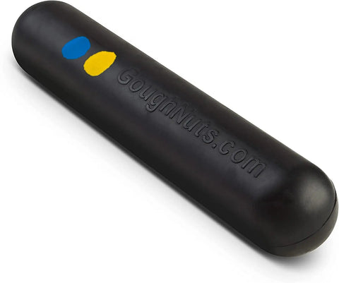 The Goughnuts Medium Stick is a black, USA-made cylindrical dog toy for dogs 30-70 lbs. It features rounded ends, blue and yellow dots, and GoughNuts.com embossed on its surface. Durable design—perfect for medium breeds.