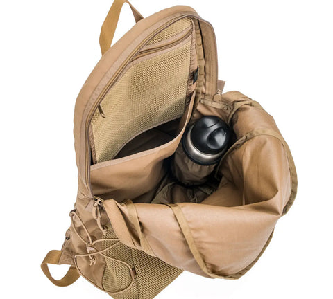 The MIS Mesh Backpack - Coyote Brown is shown open, revealing a mesh zippered pocket, a spacious main compartment, and a black water bottle tucked in an interior side pocket.