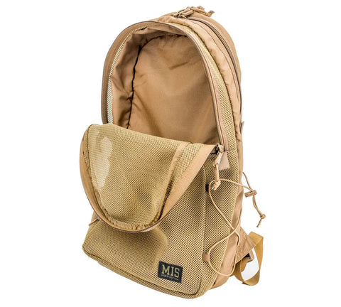 The MIS Mesh Backpack – Coyote Brown is a 19L Cordura nylon laptop backpack with a large front mesh pocket, zippered main compartment, front MIS label, and partial unzip revealing inner lining. Made in USA for durability.