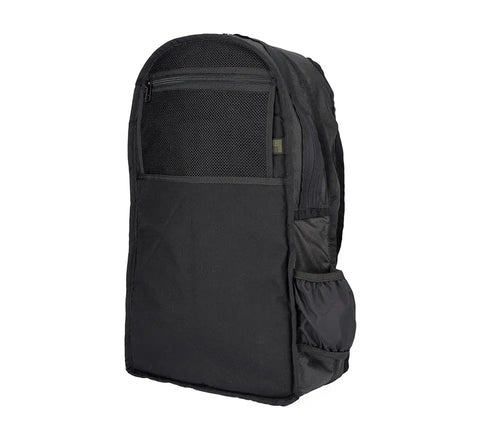 The MIS Mesh Backpack in Coyote Brown stands upright, displaying its front and side mesh pockets, top zippered mesh compartment, and a side pocket for bottles. This 19L laptop backpack features a plain, minimalist design.