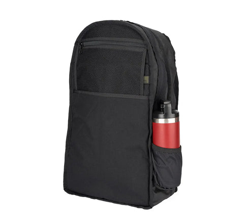 The MIS Mesh Backpack in Coyote Brown, made in the USA, features a zippered mesh front pocket and a red water bottle in the side pocket. Photographed on a white background, this 19L laptop backpack blends style with durability.