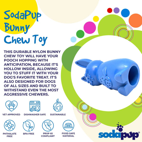 The SodaPup Bunny EChew Durable Nylon Chew and Enrichment Toy, shown with colorful bubbles, is stuffable, dishwasher safe, sustainable, phthalate and BPA free, and suitable for all dog sizes. SodaPup logo is displayed.