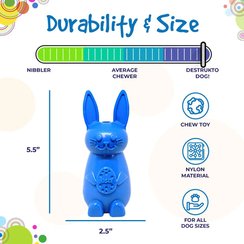The SodaPup Bunny EChew Durable Nylon Chew and Enrichment Toy is a blue, bunny-shaped dog toy (5.5 x 2.5), rated between Average Chewer and Destrukto Dog, and is suitable for all dog sizes.