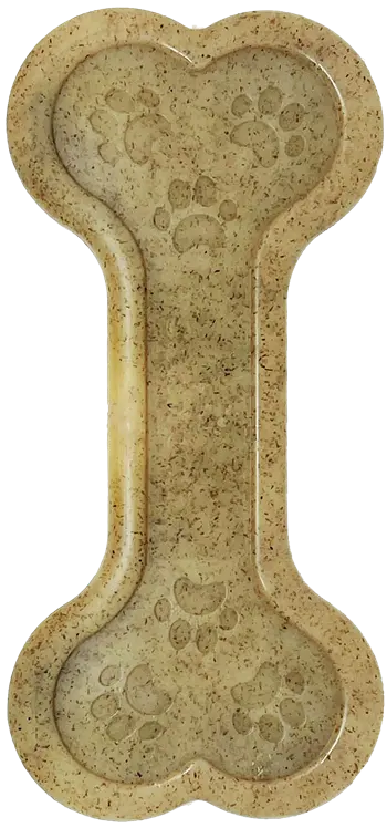 The SodaPup Bone EChew Ultra Durable Nylon Dog Chew Toy features a bone shape and brown color, with embossed paw prints for style—perfect to complement your durable dog toy collection.