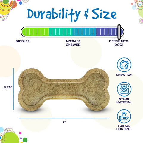 The infographic highlights the SodaPup Bone EChew Ultra Durable Nylon Dog Chew Toy (7 long, 3.25 tall), suited for all dog sizes and rated above average for chewers, making it ideal even for destrukto dogs!.