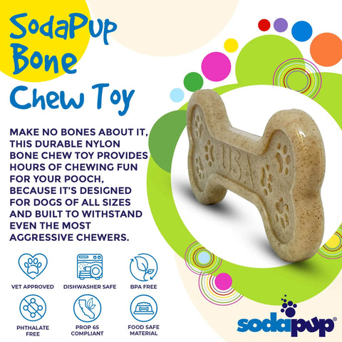 The SodaPup Bone EChew Ultra Durable Nylon Dog Chew Toy, shaped like a beige bone, stands upright on a white background with colorful circles and text highlighting its durability, safety, and suitability for aggressive chewers.