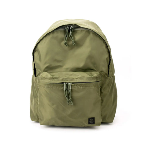The MIS Daypack - Olive Drab is a water-resistant nylon backpack with zipper closures, a roomy main compartment for a 13 laptop, front zip pocket, two side pockets, and a black label on the lower front.