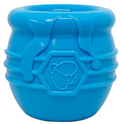 The SodaPup Honey Pot Durable PUP-X Rubber ECup Treat Dispenser & Enrichment Toy is a blue dispenser shaped like a honey pot with a bee emblem and honey drip design on the front.