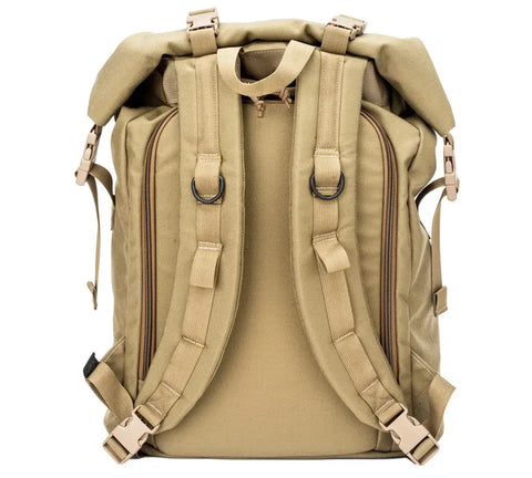 The MIS Roll Up Backpack in Coyote Tan, made in the USA, features padded shoulder straps, two vertical zippered back pockets, buckles and adjustment straps. The top has a roll closure with D-rings attached to the straps.