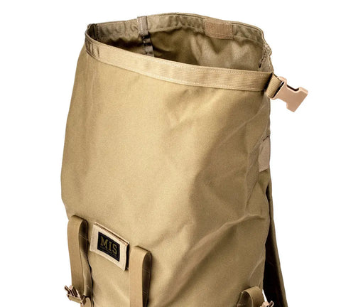 The MIS Roll Up Backpack - Coyote Tan stands upright and empty against a white background, showcasing its Cordura nylon build, wide open top, visible strap and buckle, plus a “MIS” front label. Made in USA. 30L capacity fits laptops.