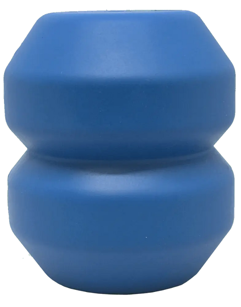 The SodaPup Double Trouble EDispenser is a durable blue rubber dog toy with a barrel shape, flat top and bottom, and an hourglass-like center indentation. It dispenses treats for interactive play.
