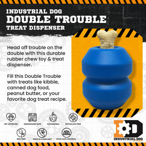 Promotional image for the SodaPup Double Trouble EDispenser Durable Rubber Chew Toy and Treat Dispenser, shown in blue and filled with treats. Text highlights strength and use with kibble, peanut butter, and more. Icons display product features.