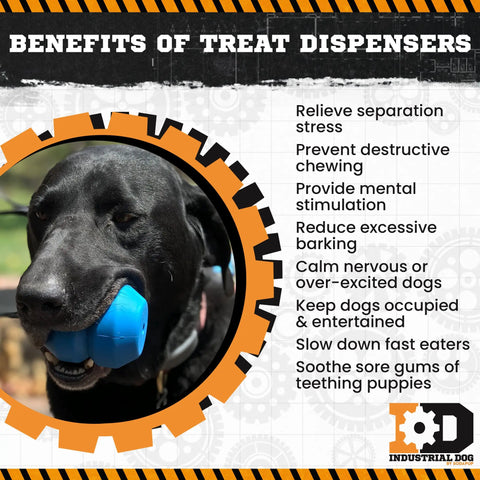 A black dog chews on the SodaPup Double Trouble EDispenser, a blue durable rubber chew toy and treat dispenser. Nearby, a list highlights its stress relief, mental stimulation, and healthy chewing benefits.