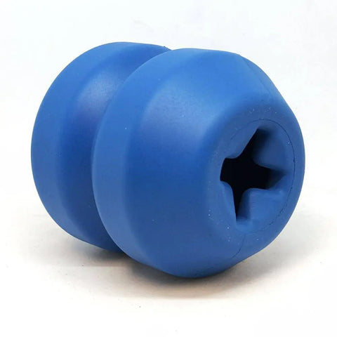 The SodaPup Double Trouble EDispenser is a blue, cylindrical durable rubber chew toy for dogs with two rounded sections and a star-shaped hole for treats, perfect as a treat dispenser and shown on a plain white background.