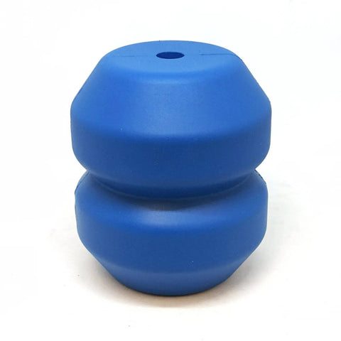 The SodaPup Double Trouble EDispenser is a blue, hourglass-shaped durable rubber chew toy and treat dispenser with a small top hole, designed for chewing or holding treats, shown on a plain white background.