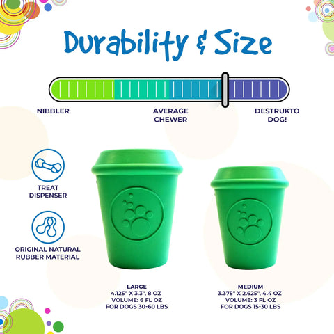 SodaPup Coffee Cup EDispener: Two green, durable rubber chew toys (large & medium) for dogs, with size and weight info. Features treat dispenser, slow feeder, natural rubber, and chew strength scale from nibbler to destrukto dog!.