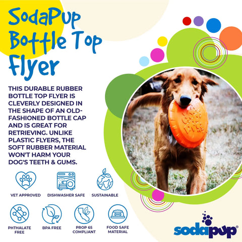 A happy dog runs outdoors with the orange SodaPup Bottle Top Flyer Durable Rubber Retrieving Frisbee, highlighting its vet-approved, dishwasher safe, sustainable, and BPA-free features.