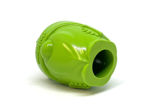 The SodaPup Gnome Durable PUP-X Rubber EDispenser Chew Toy & Treat Dispenser is a bright green fish-shaped toy with simple molded fin and scale details, featuring a wide mouth—durable and fun for playful pups.