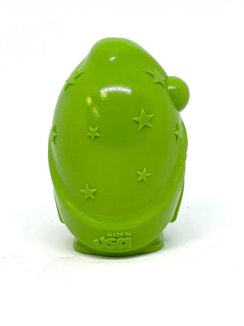 The SodaPup Gnome Durable PUP-X Rubber EDispenser Chew Toy & Treat Dispenser is a green, egg-shaped toy with small star shapes and Made in USA embossed near the base, shown against a plain white background.