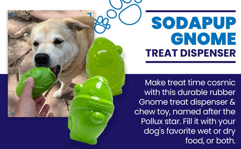 A dog sniffs a green SodaPup Gnome Durable PUP-X Rubber EDispenser Chew Toy & Treat Dispenser. Two images show the dispenser from different angles, with text highlighting its durability and treat-dispensing features for dogs.