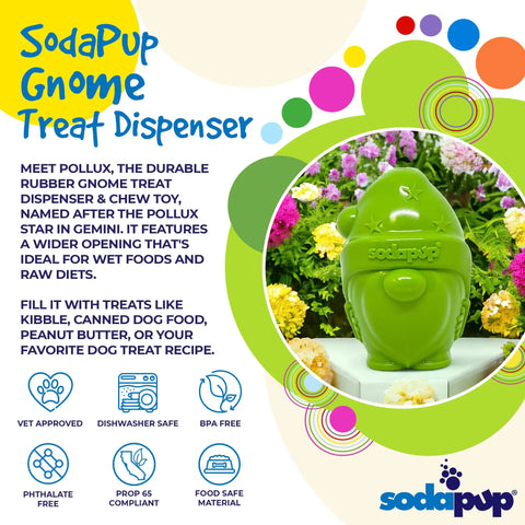 The SodaPup Gnome Durable PUP-X Rubber EDispenser Chew Toy & Treat Dispenser is shown on a colorful background with text highlighting its durability and versatility. Icons note its vet approved, dishwasher safe, BPA free, and food safe.